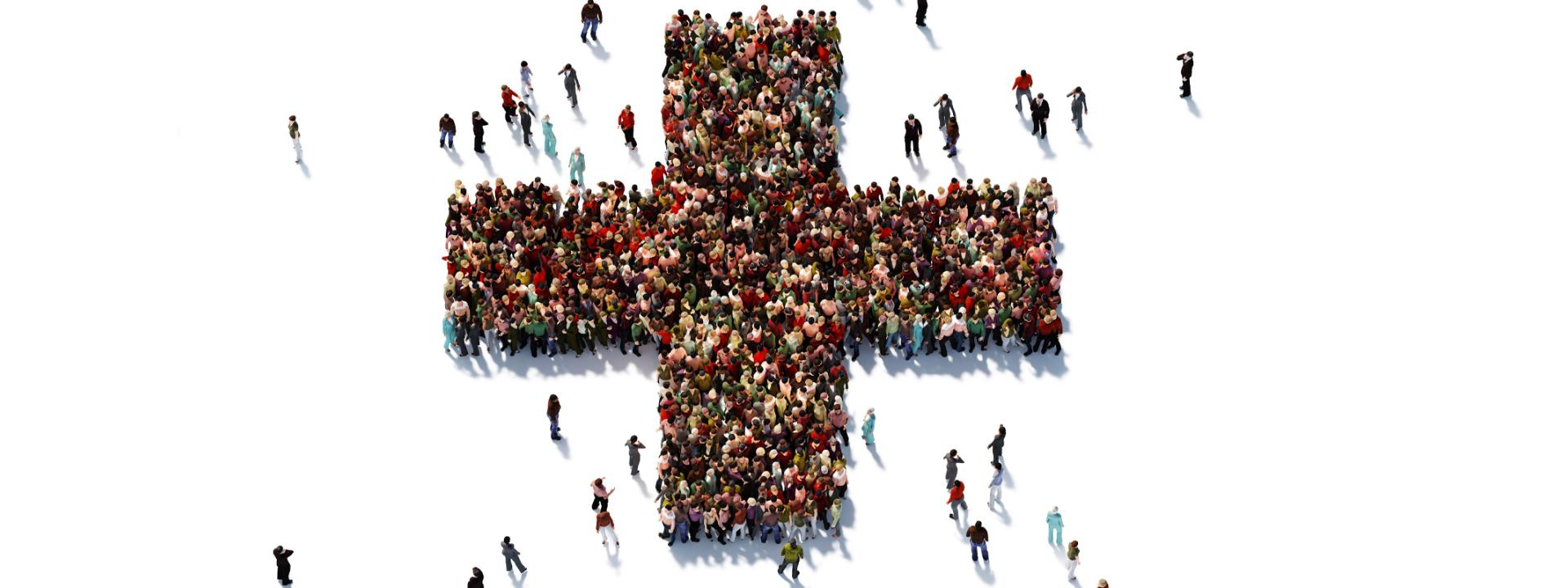 Crowd of people in the form of a medical cross symbol