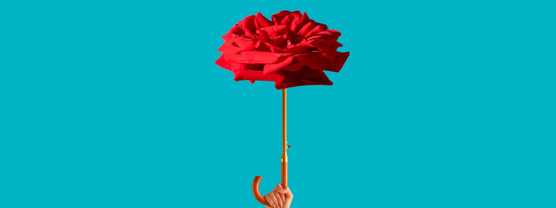 Red umbrella in the shape of flower on a red background