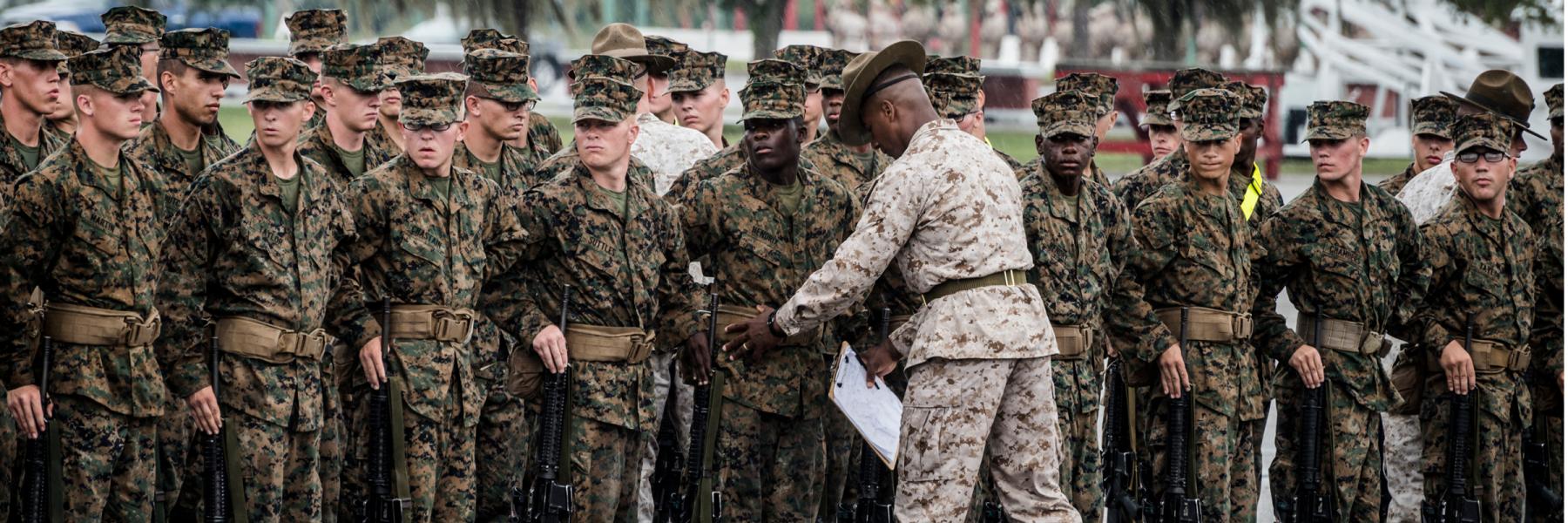 U.S. army soldiers being lined up by their commanding officer