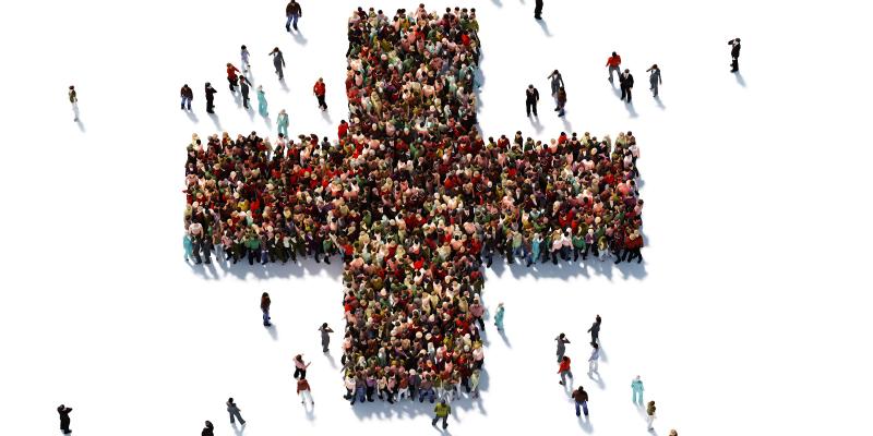 Crowd of people in the form of a medical cross symbol